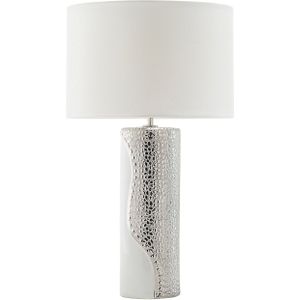 Tafellamp wit zilver keramische voet faux zijde kap nachtkastje lamp