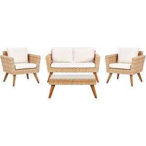 Loungeset bruin rotan 2-zits 2 stoelen off-white kussens outdoor landelijk