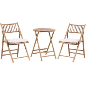 Tuin balkonset licht hout met gebroken wit kussens tafel 2 inklapbare stoelen UV-bestendig