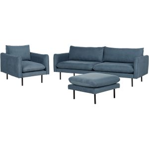 Bankenset met ottomaan blauw polyester stof zwarte poten banken set 4-zits fauteuil voetenbank modern retro stijl