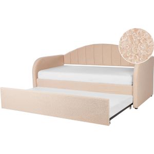 Bedbank onderschuifbed perzik boucle stof eenpersoons 90 x 200 cm houten lattenbodem kinderkamer glamour