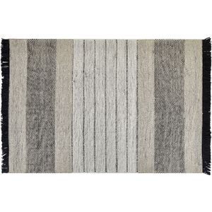 Vloerkleed tapijt beige zwart wol katoen 140 x 200 cm handgeweven laagpolig met franjes