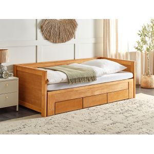 Modern logeerbed uitschuifbaar van 90 tot 180 x 200 cm met opbergruimte lichthout Cahors