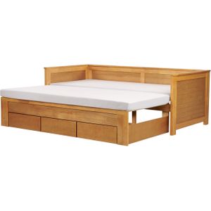 Bedframe hout lichthout 90 x 200 cm uitschuifbaar 180 x 200 cm logeerbed rustieke stijl met opbergruimte