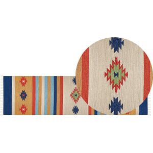Kelim vloerkleed meerkleurig katoen 80 x 300 cm handgeweven omkeerbaar laagpolig geometrisch patroon met franjes traditioneel boho