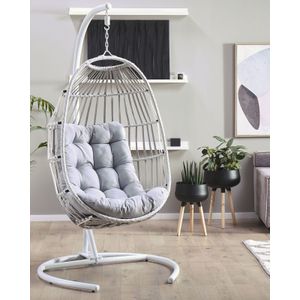Moderne ei-vormige hangstoel lichtgrijs wicker met standaard tuin binnen Sesia