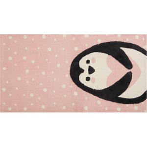 Vloerkleed roze katoen polyester 80 x 150 cm pinguïn motief laagpolig loper tapijt voor kinderkamer speelkamer