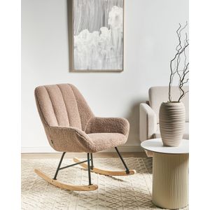 Stijlvolle schommelstoel bouclé bekleding metalen zwarte poten brede rugleuning beige Kinno