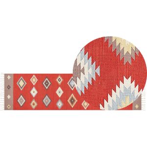 Kelim vloerkleed multicolour katoen 80 x 300 cm laagpolig geometrisch patroon rechthoekig traditioneel