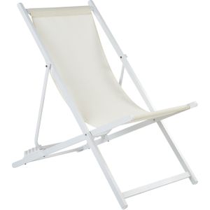 Ligstoel beige/wit met aluminium frame inklapbaar stoffen zitting verstelbare rugleuning strandstoel