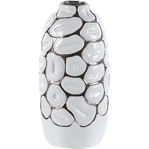 Decoratieve vaas wit steengoed 34 cm met structuurpatroon in zilver glanzend structuuroppervlak decoratieve accessoires woonkamer slaapkamer hal open haard
