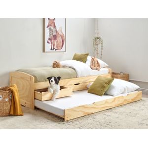 Kids houten eenpersoons 90x200 onderschuifbed frame uitschuifbed dennenhout lichtbruin Petiville