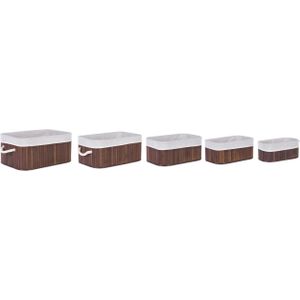 Set van 5 manden donker hout natuurlijk bamboe hout polyester met handgrepen verschillende maten boho modern opbergaccessoire