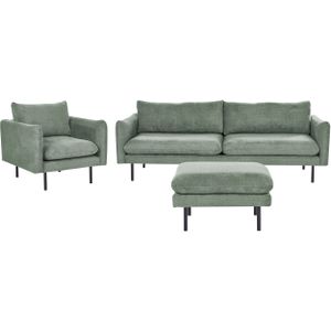 Bankenset met ottomaan groen polyester stof zwarte poten banken set 4-zits fauteuil voetenbank modern retro stijl