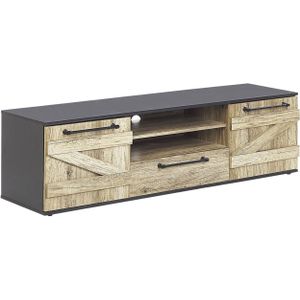 TV-meubel Lowboard Lichte houtkleur/ Zwarte spaanplaat/ Metalen handgrepen met opbergruimte en 1 lade Woonkamer Modern ontwerp