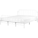 Bed frame wit metaal 180 x 200 cm tweepersoonsbed populierenhout lattenbodem industrieel minimalistisch slaapkamer