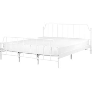 Bed frame wit metaal 180 x 200 cm tweepersoonsbed populierenhout lattenbodem industrieel minimalistisch slaapkamer