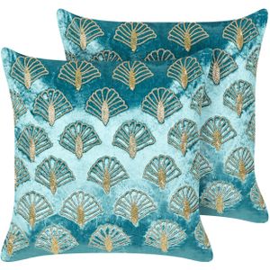 Sierkussen set van 2 turquoise en goud fluweel 45 x 45 cm vierkant handgemaakt geborduurd zeeschelp patroon afneembaar