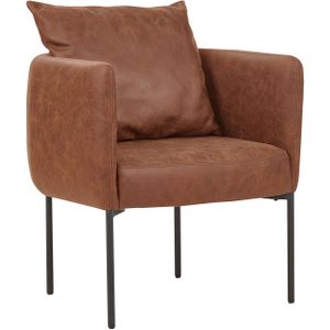 Fauteuil met kussen bruin kunstleer stof zwarte ijzeren poten retro stijl stijlvol modern woonkamer