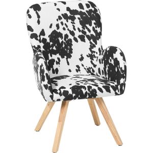 Loungestoel zwart/wit stoffen bekleding moderne clubstoel met armleuningen houten poten