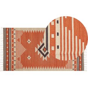 Kelim vloerkleed oranje katoen 80 x 150 cm omkeerbaar geometrisch patroon met kwastjes rechthoekig traditioneel