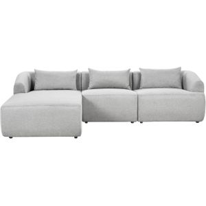 Hoekbank 3-zits rechtszijdig grijs stof bekleed armleuningen extra kussens minimalistische moderne stijl