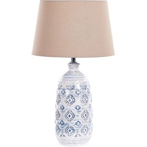 Tafellamp wit met blauw keramische basis stoffen lampenkap sfeerlicht leeslamp nachtlamp