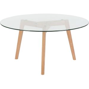 Salontafel transparant rond glazen tafelblad 3 houten poten scandinavisch minimalistisch