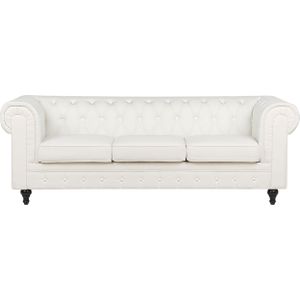 Driezitsbank wit polyester gestoffeerd donkerhouten poten retro chesterfield vintage ontwerp