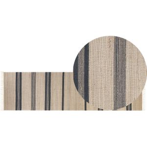 Loper tapijt vloerkleed beige grijs jute 80 x 300 cm rechthoekig met franjes kwastjes gestreept patroon handgeweven boho stijl gang hal