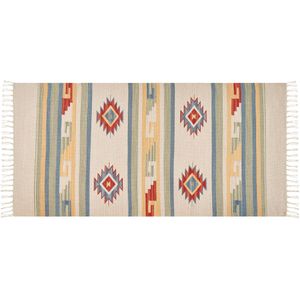 Kelim vloerkleed beige bruin katoen 80 x 150 cm handgeweven tapijt wandtapijt geometrisch patroon omkeerbaar franjes