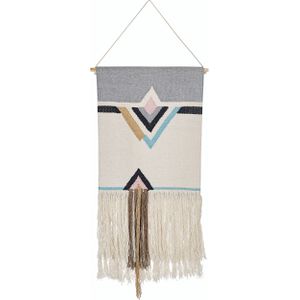 Wandhanger beige katoen 46 x 116 cm handgeweven met franjes geometrisch patroon wanddecoratie boho stijl woonkamer slaapkamer