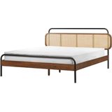 Bed donkerbruin rubberhout tweepersoons 160 x 200 cm met Weense vlecht hoofdbord lattenbodem modern minimalistisch rustiek