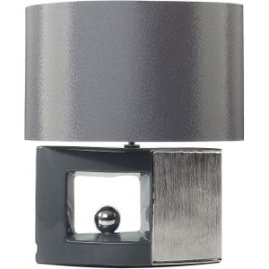 Tafellamp grijze keramische basis stoffen kap nachtkastje lamp