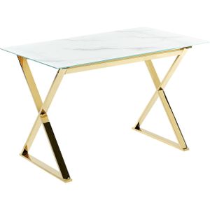 Eettafel wit met goud gehard glas met metalen poten glanzende afwerking 120 x 70 cm rechthoekig glam