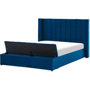 Tweepersoonsbed waterbed blauw fluweel 160 x 200 cm met matras hoog hoofdbord en opbergruimte