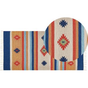 Kelim vloerkleed meerkleurig katoen 80 x 150 cm handgeweven omkeerbaar laagpolig geometrisch patroon met franjes traditioneel boho