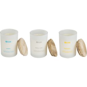 Set van 3 geurkaarsen meerkleurig 100% soja wax katoenen lont glazen pot oceaan/ bergamot/ fris linnen