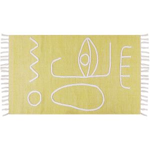Vloerkleed handgeweven geel polyester 80 x 150 cm rechthoekig abstract patroon met franjes boho binnen buiten