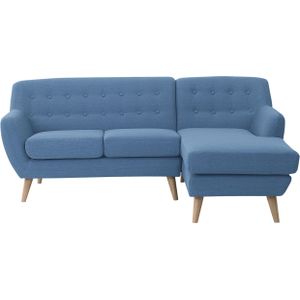 Hoekbank blauw polyester 3-zits getufte rugleuning houten poten L-vorm linkszijdig Scandinavisch