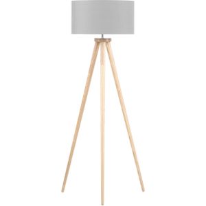 Staande lamp grijs hout 140 cm ronde stoffen lampenkap drie poten modern ontwerp