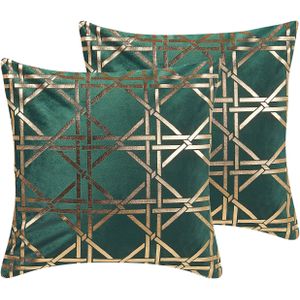 Sierkussen set van 2 groen diamant geometrisch patroon 45 x 45 cm folie patroon zilver glamour decoratie accessoire