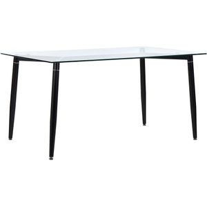Eettafel transparant glas tafelblad zwart metaal poten 150 x 90 cm modern design rechthoekig
