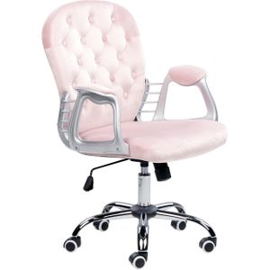 Bureaustoel roze fluweel getufte rugleuning zitvlak in hoogte verstelbaar 360° draaibaar glamoreus