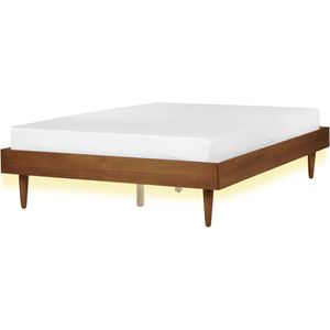 Tweepersoonsbed rubberhout 140 x 200 cm bedframe zonder hoofbord met LED-verlichting lattenbodem minimalistisch rustieke stijl