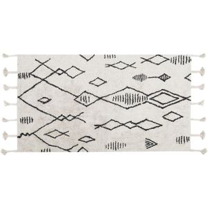Tapijt Wit Zwart Katoen Wol 80 x 150 cm Geometrisch Patroon Runes Tribal Kwasten Oriëntaals Vloerkleed