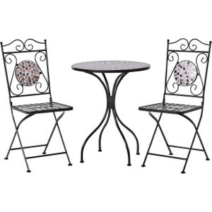 Tuin bistroset metalen zwarte tafel en klapstoelen mozaïek patroon tegels vintage stijl buitenset