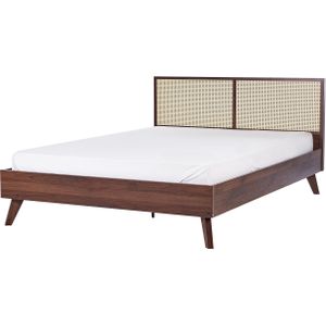 Tweepersoonsbed donkerhout MDF rotan 160 x 200 cm bedframe lattenbodem bed minimalistisch boho