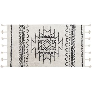 Tapijt Wit Zwart Katoen Wol 80 x 150 cm Geometrisch Patroon Runes Tribal Kwasten Oriëntaals Vloerkleed