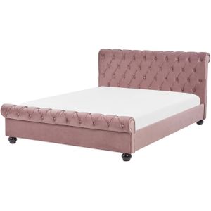 Waterbed roze 160 x 200 cm fluweelstof stijlvol quilting hoog hoofdbord gebogen ontwerp chesterfield